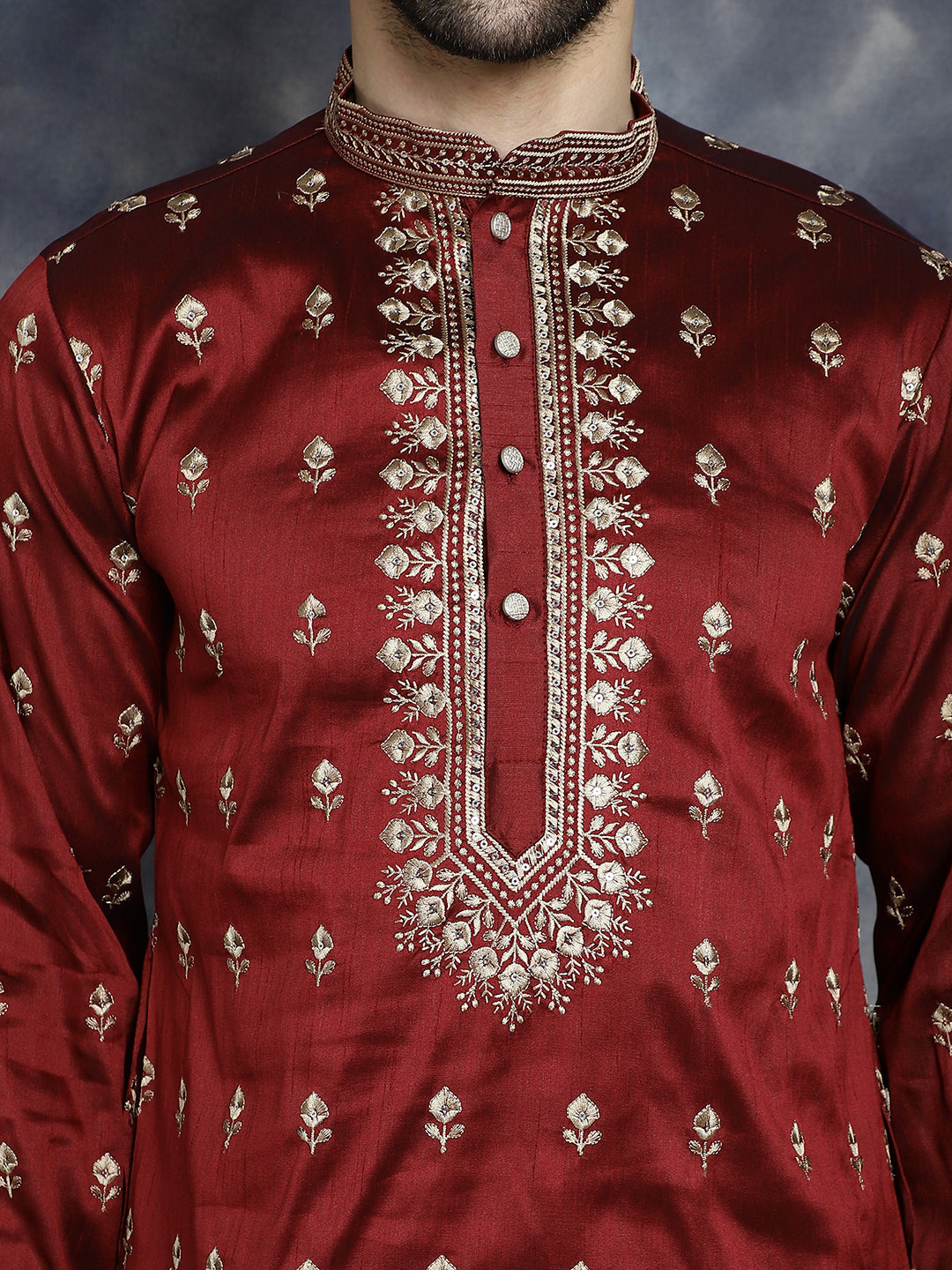 Men's Maroon Chikankari Embroidered Kurta With Pyjama - Taantav