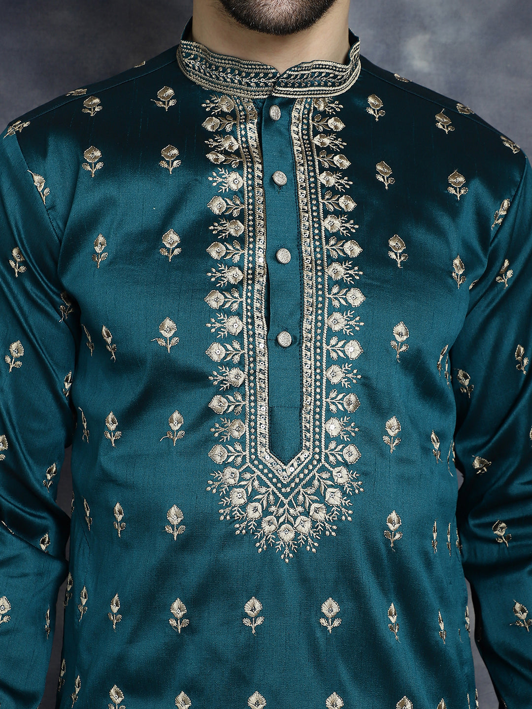 Men's Peacock Blue Chikankari Embroidered Kurta With Pyjama - Taantav