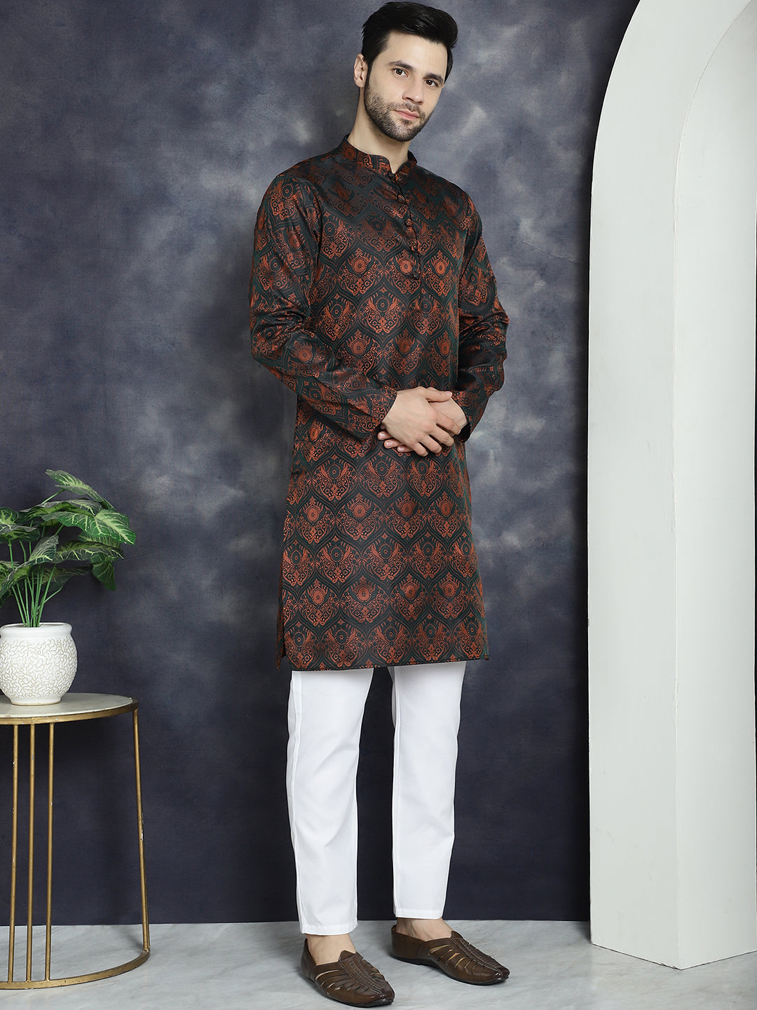 Men's Bronze Silk Blend Straight Kurta Pyjama Set - Taantav