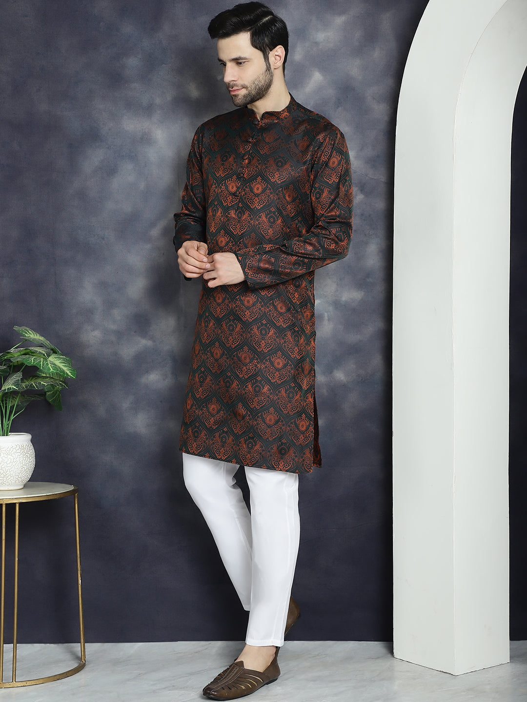 Men's Bronze Silk Blend Straight Kurta Pyjama Set - Taantav