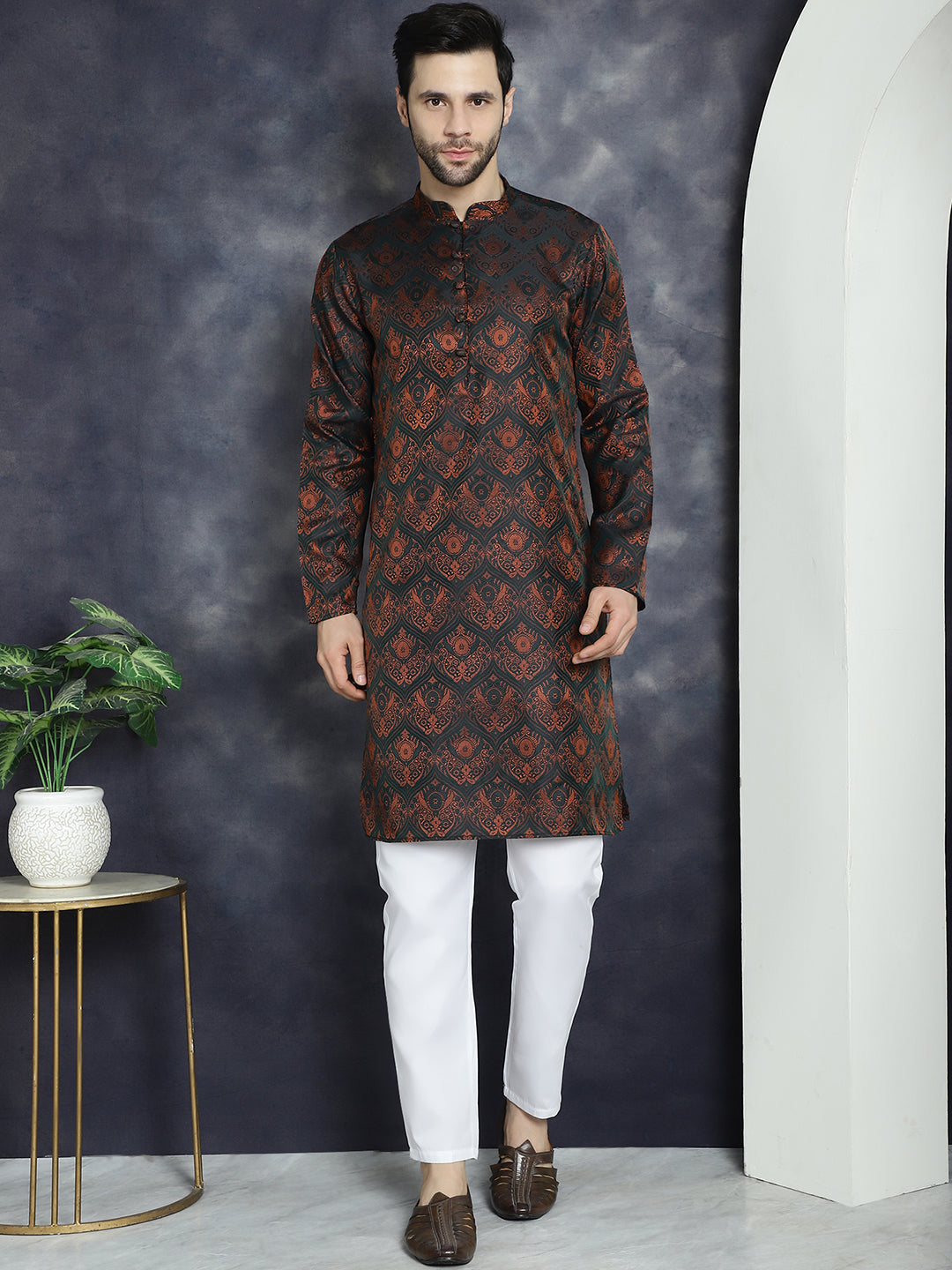 Men's Bronze Silk Blend Straight Kurta Pyjama Set - Taantav