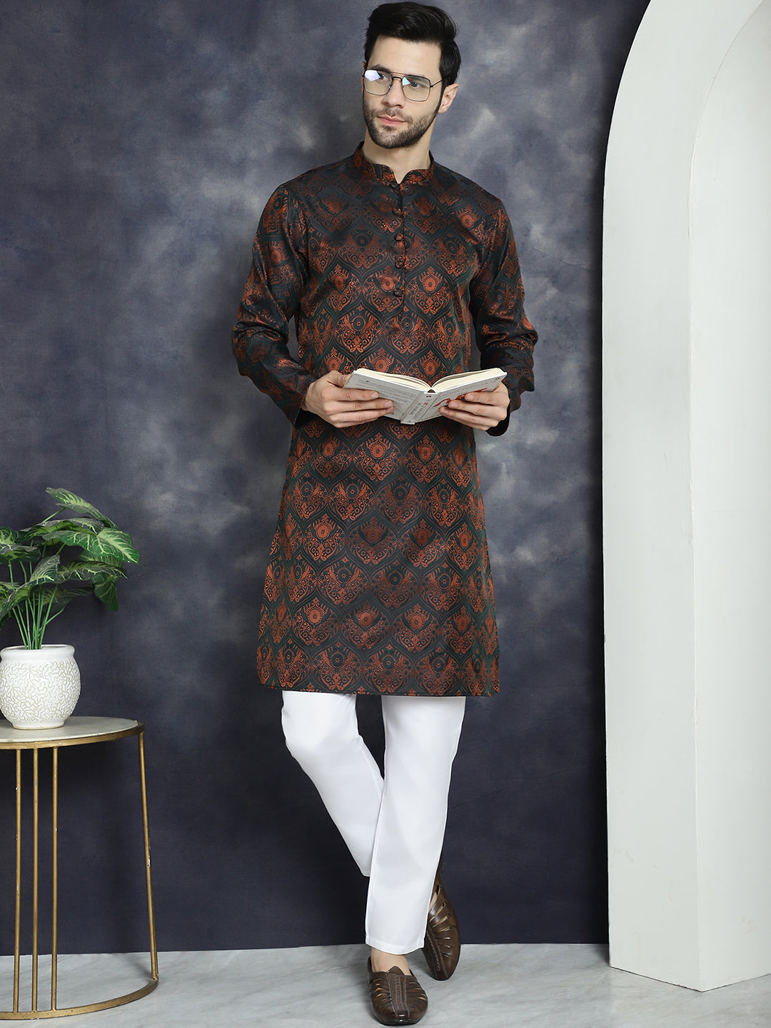 Men's Bronze Silk Blend Straight Kurta Pyjama Set - Taantav