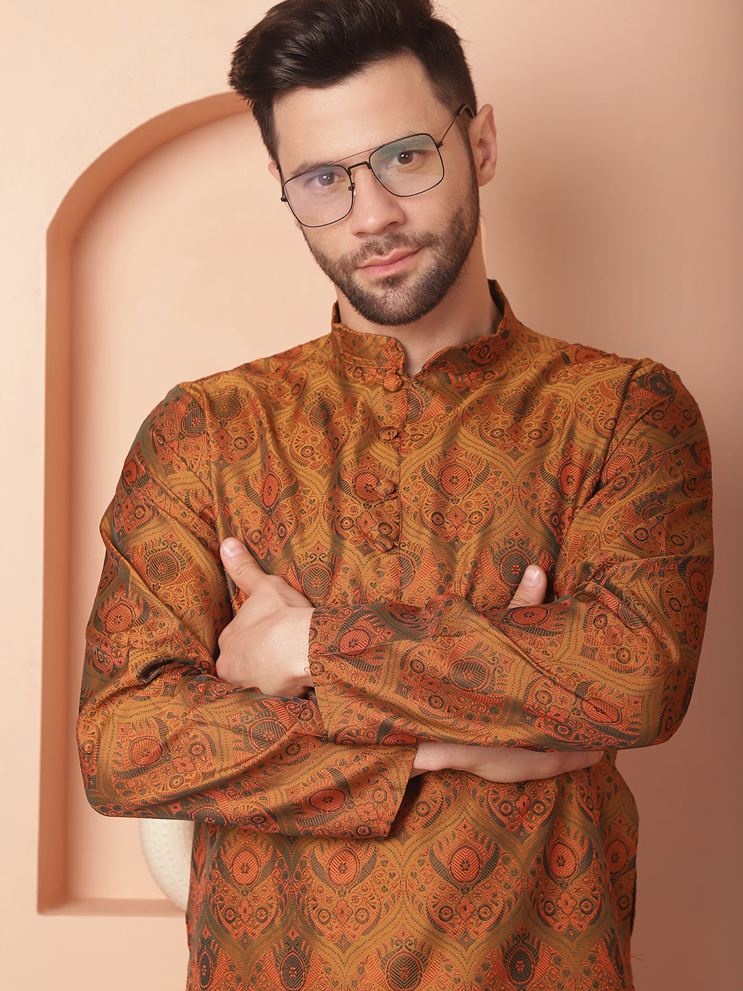 Men's Golden Silk Blend Straight Kurta Pyjama Set