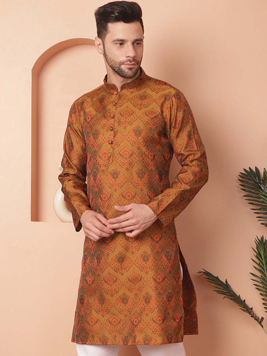 Men's Golden Silk Blend Straight Kurtas - Taantav