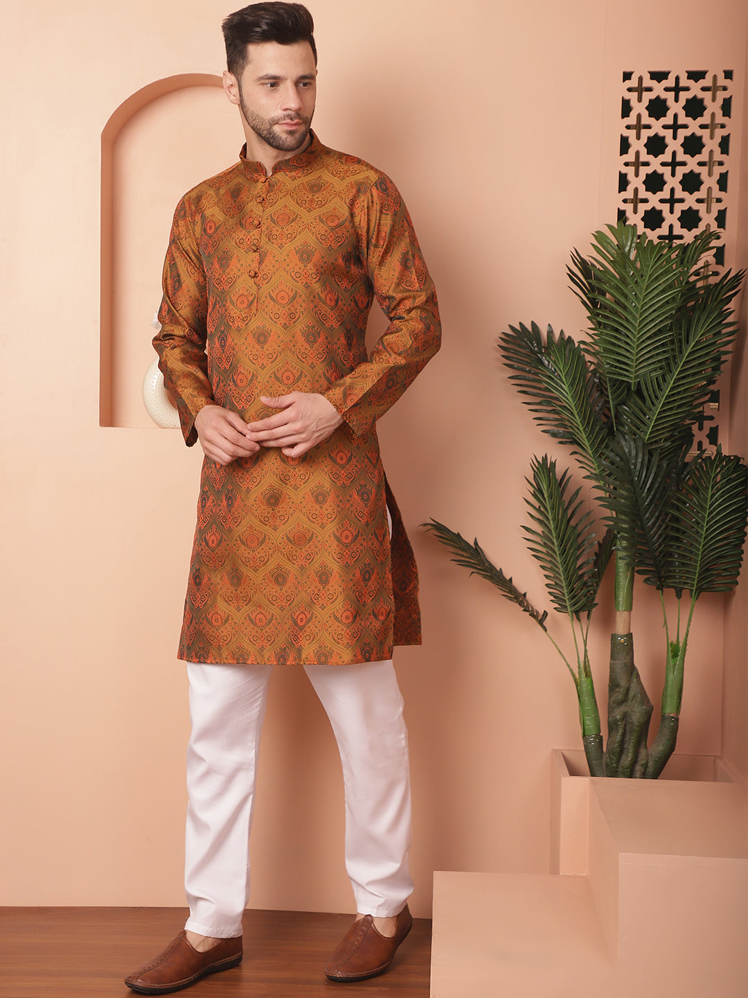 Men's Golden Silk Blend Straight Kurta Pyjama Set