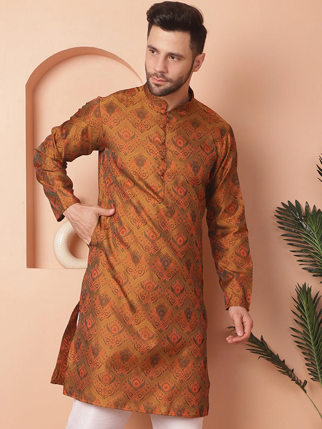 Men's Golden Silk Blend Straight Kurtas - Taantav