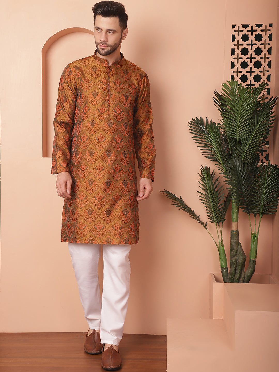 Men's Golden Silk Blend Straight Kurta Pyjama Set