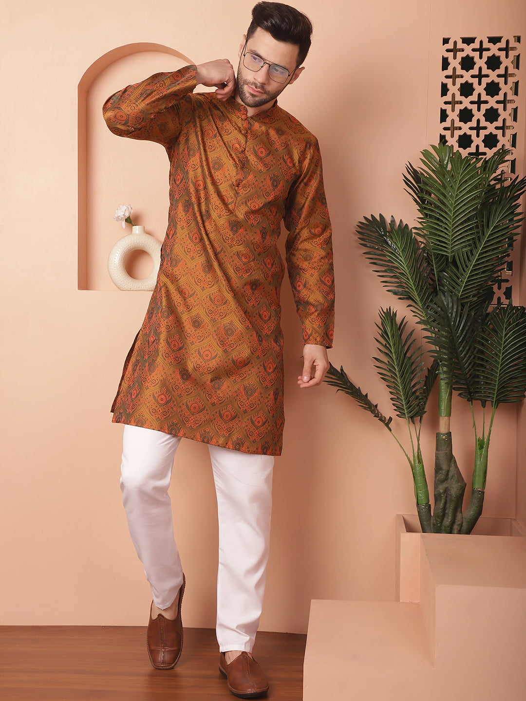 Men's Golden Silk Blend Straight Kurta Pyjama Set