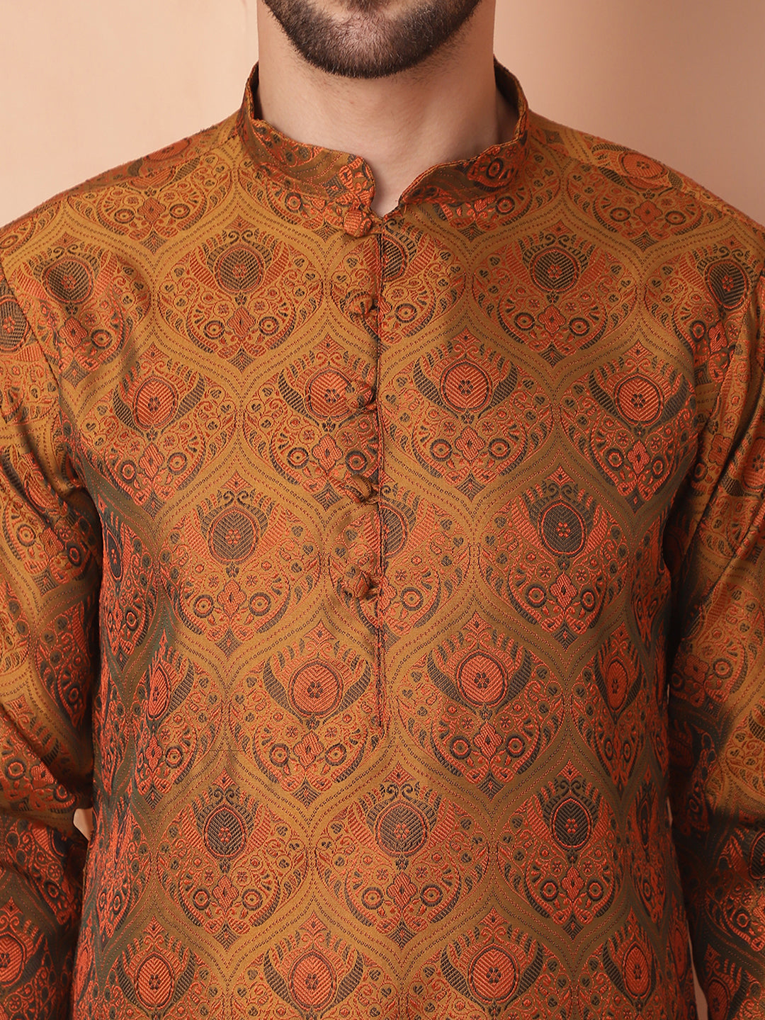 Men's Golden Silk Blend Straight Kurta Pyjama Set