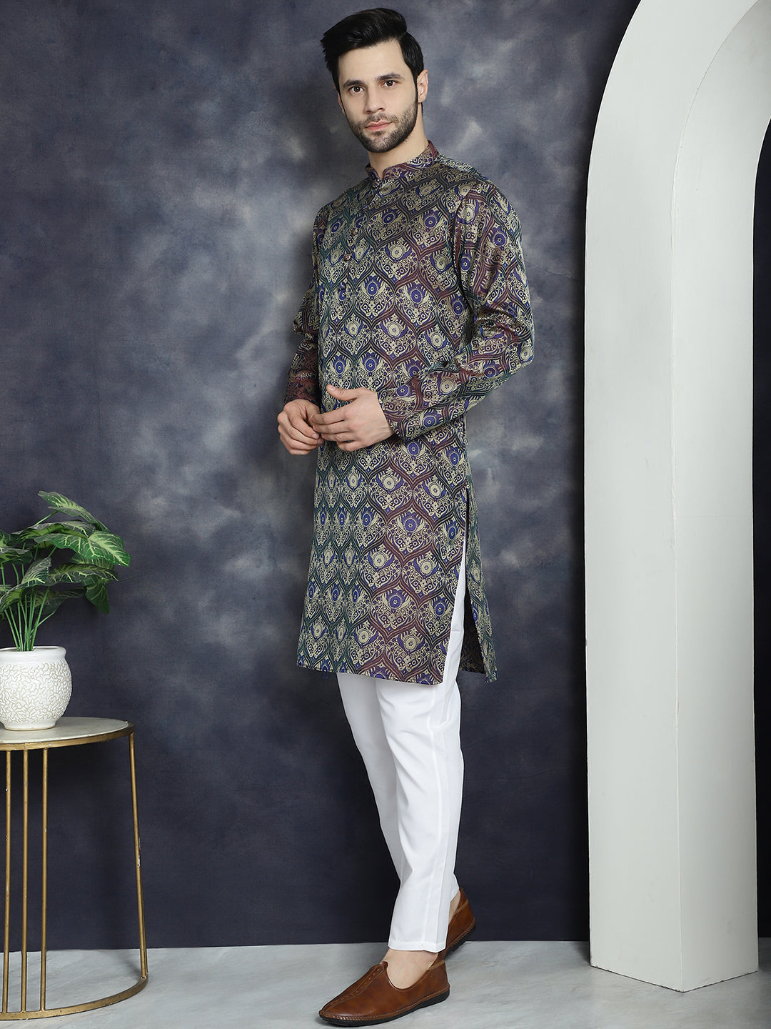 Men's Purple Silk Blend Straight Kurta Pyjama Set - Taantav