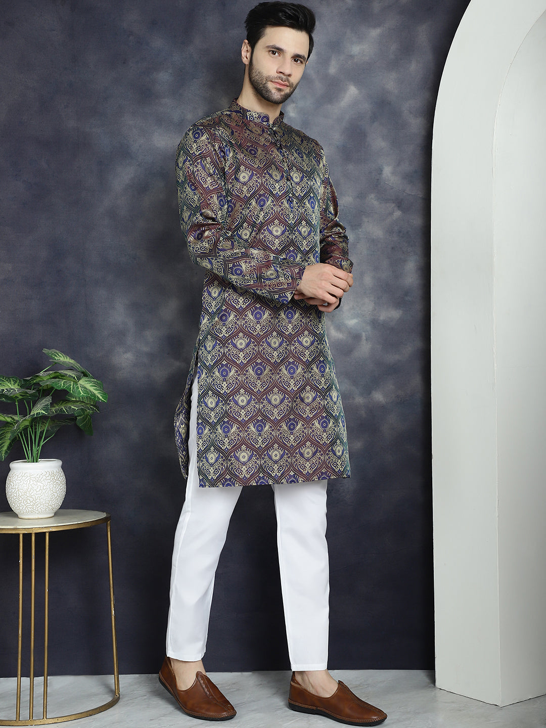 Men's Purple Silk Blend Straight Kurta Pyjama Set - Taantav