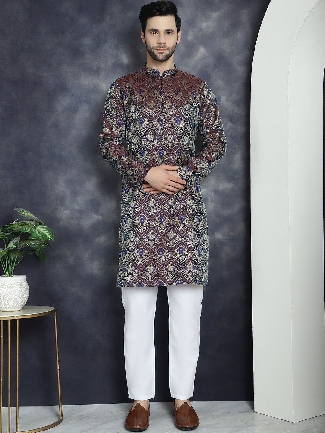 Men's Purple Silk Blend Straight Kurta Pyjama Set - Taantav