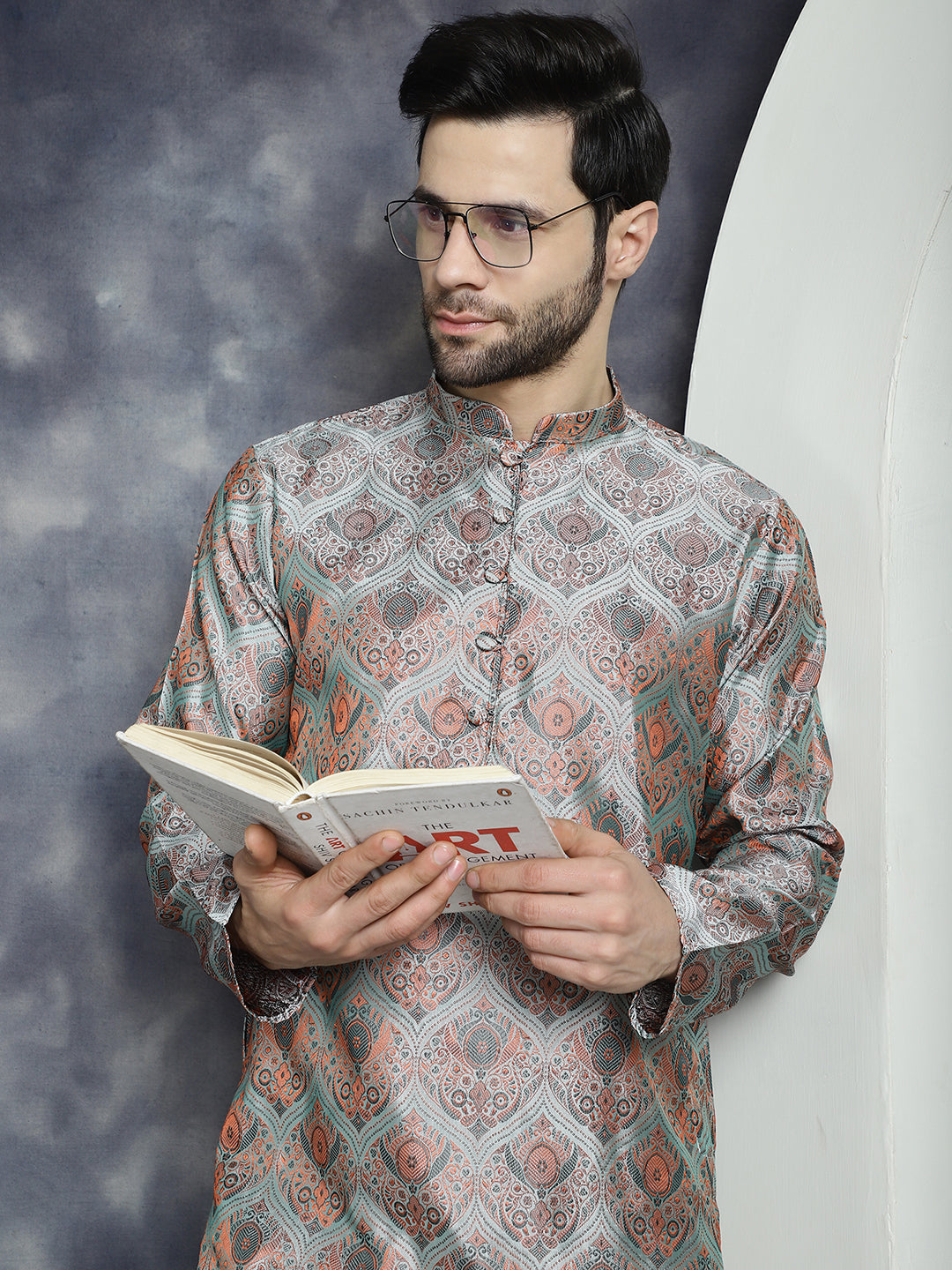 Men's Silver Silk Blend Straight Kurta Pyjama Set - Taantav