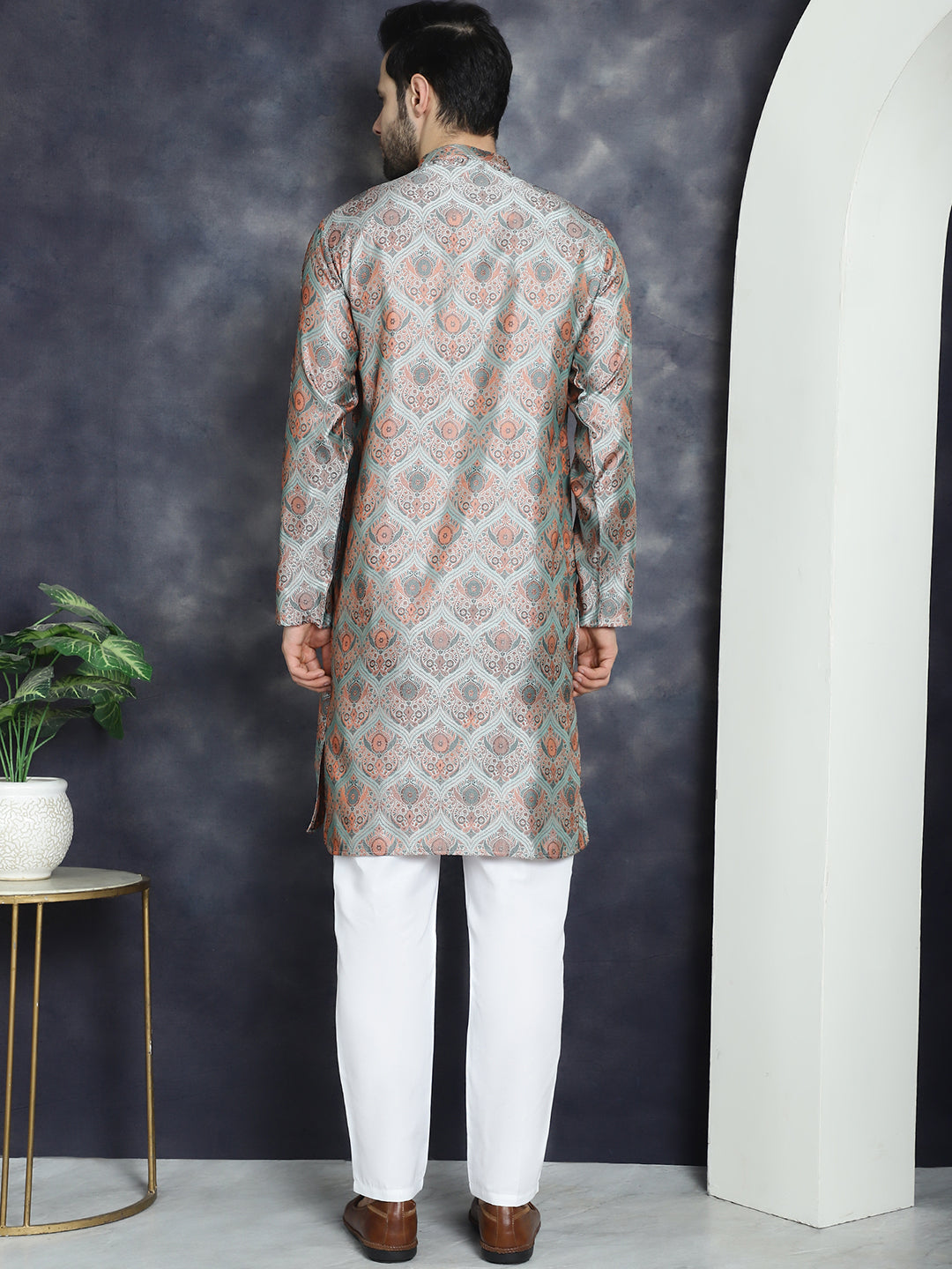 Men's Silver Silk Blend Straight Kurta Pyjama Set - Taantav