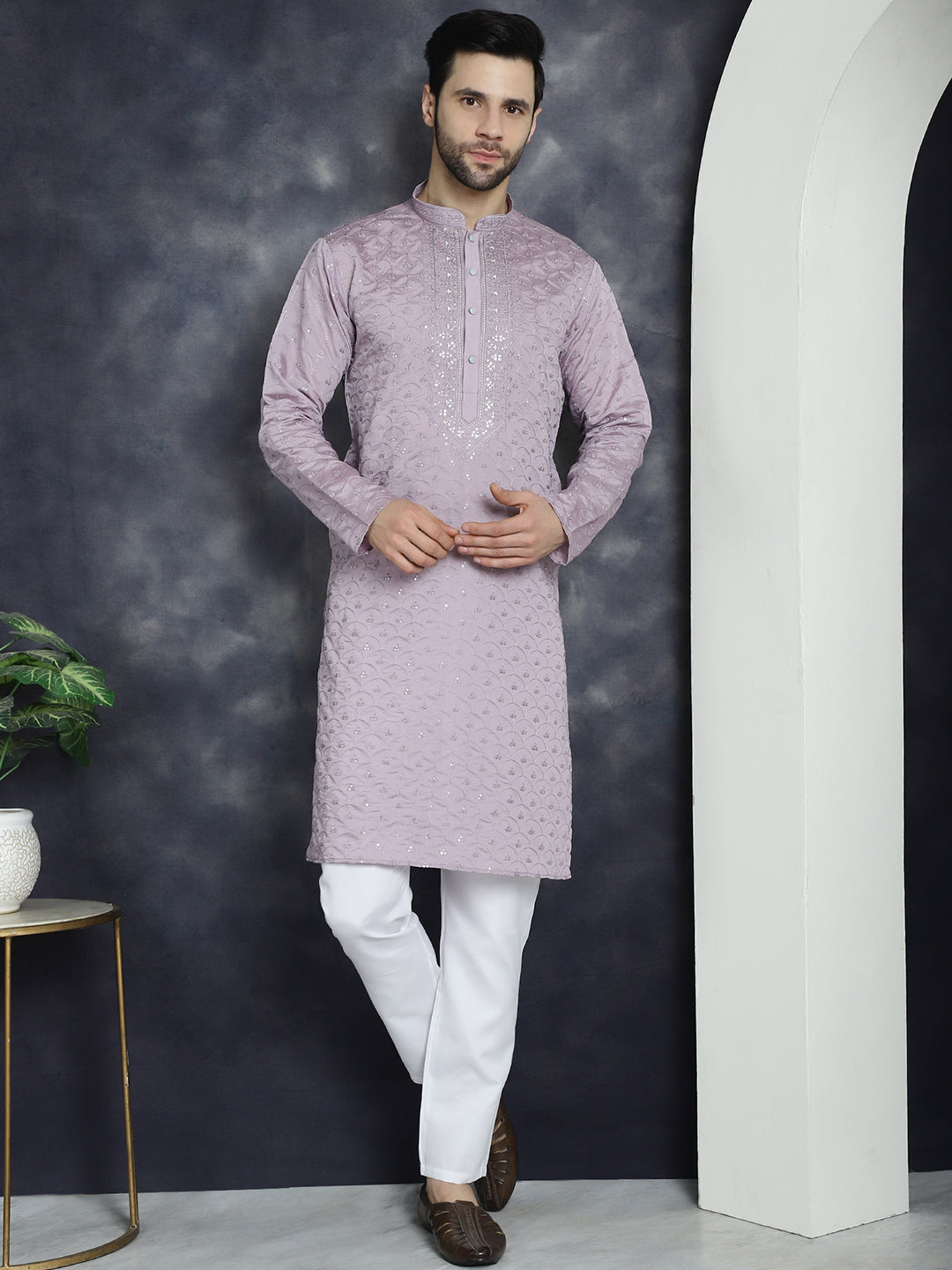 Men's Sequins Embroidered Kurta With Pyjama - Taantav