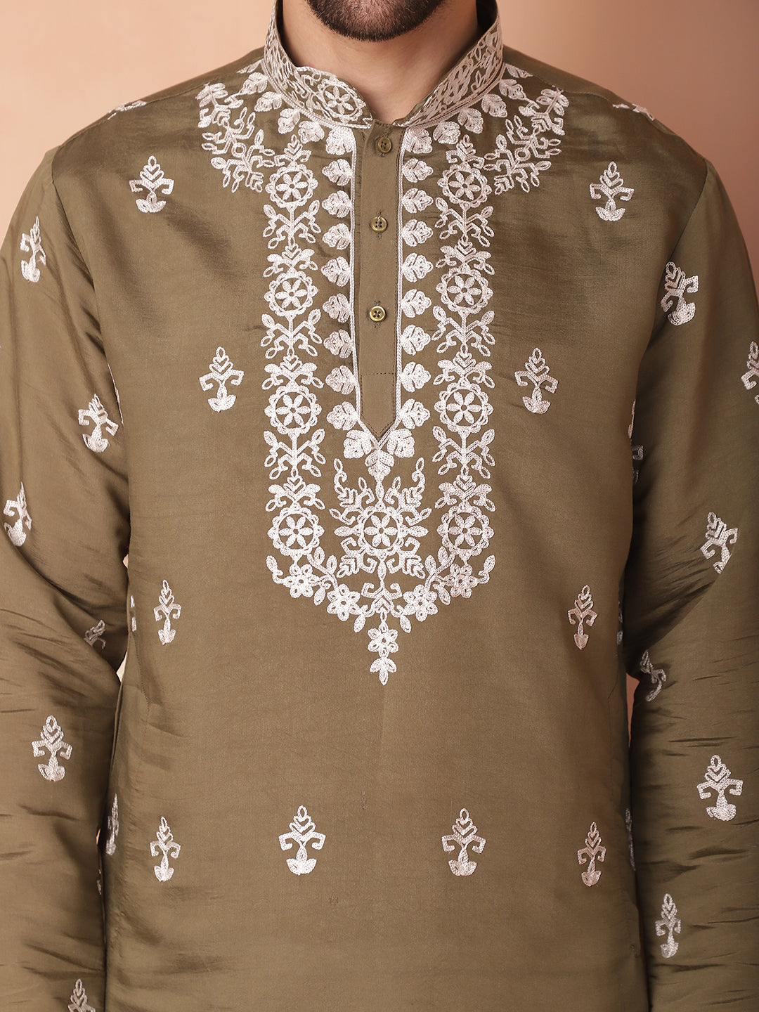 Men's Olive Chikankari Embroidered Kurta With Pyjama - Taantav