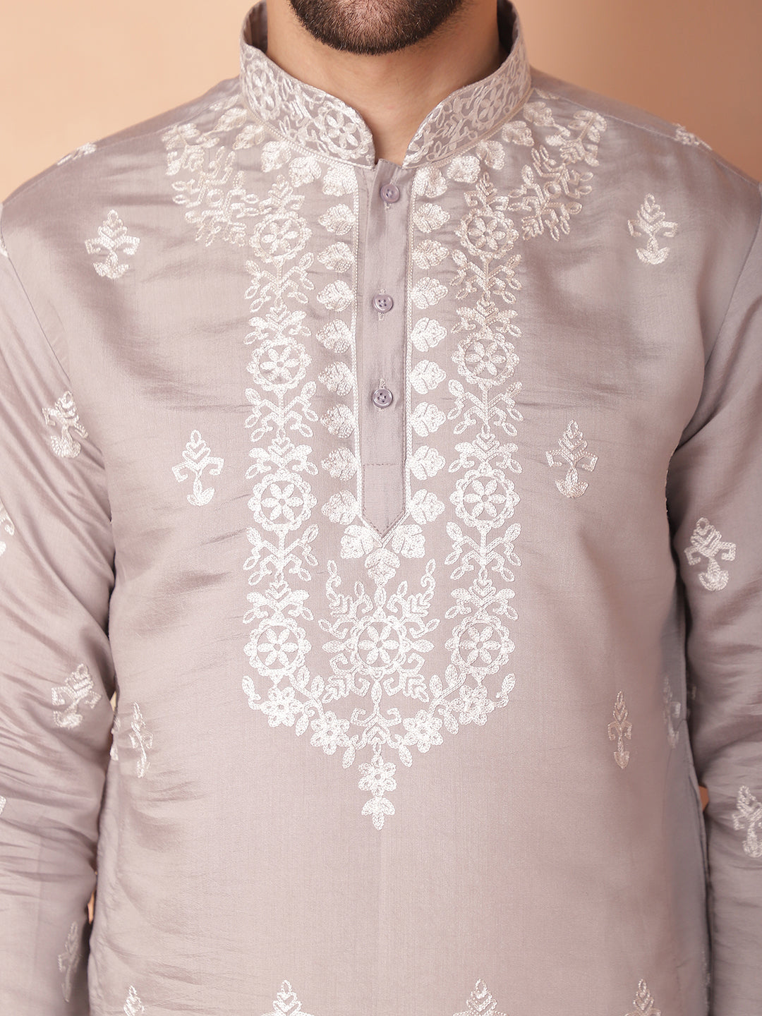 Men's Grey Chikankari Embroidered Kurta With Pyjama - Taantav