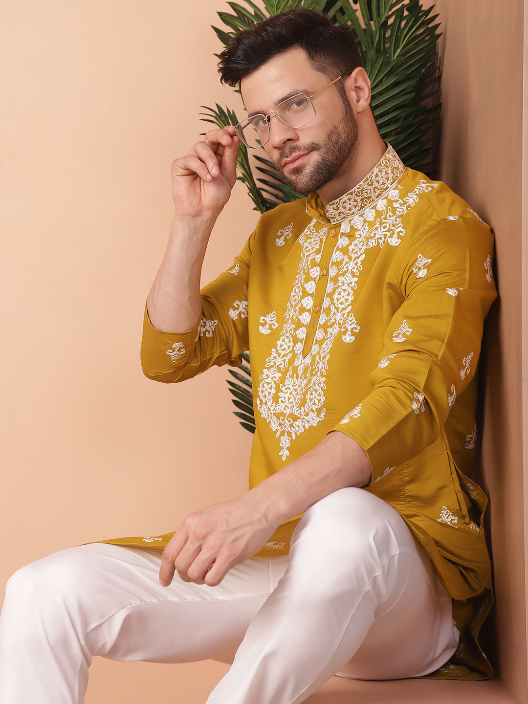 Men's Mustard Chikankari Embroidered Kurta With Pyjama - Taantav