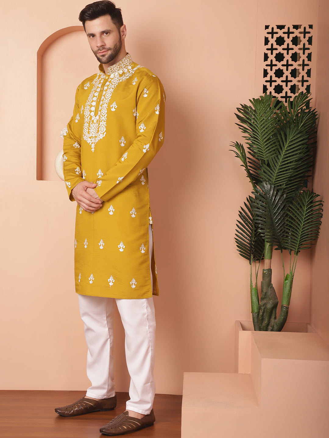 Men's Mustard Chikankari Embroidered Kurta With Pyjama - Taantav