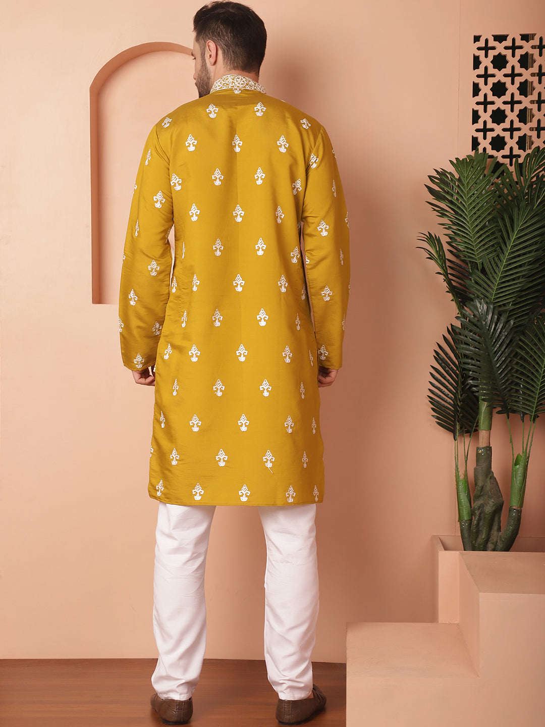 Men's Mustard Chikankari Embroidered Kurta With Pyjama - Taantav