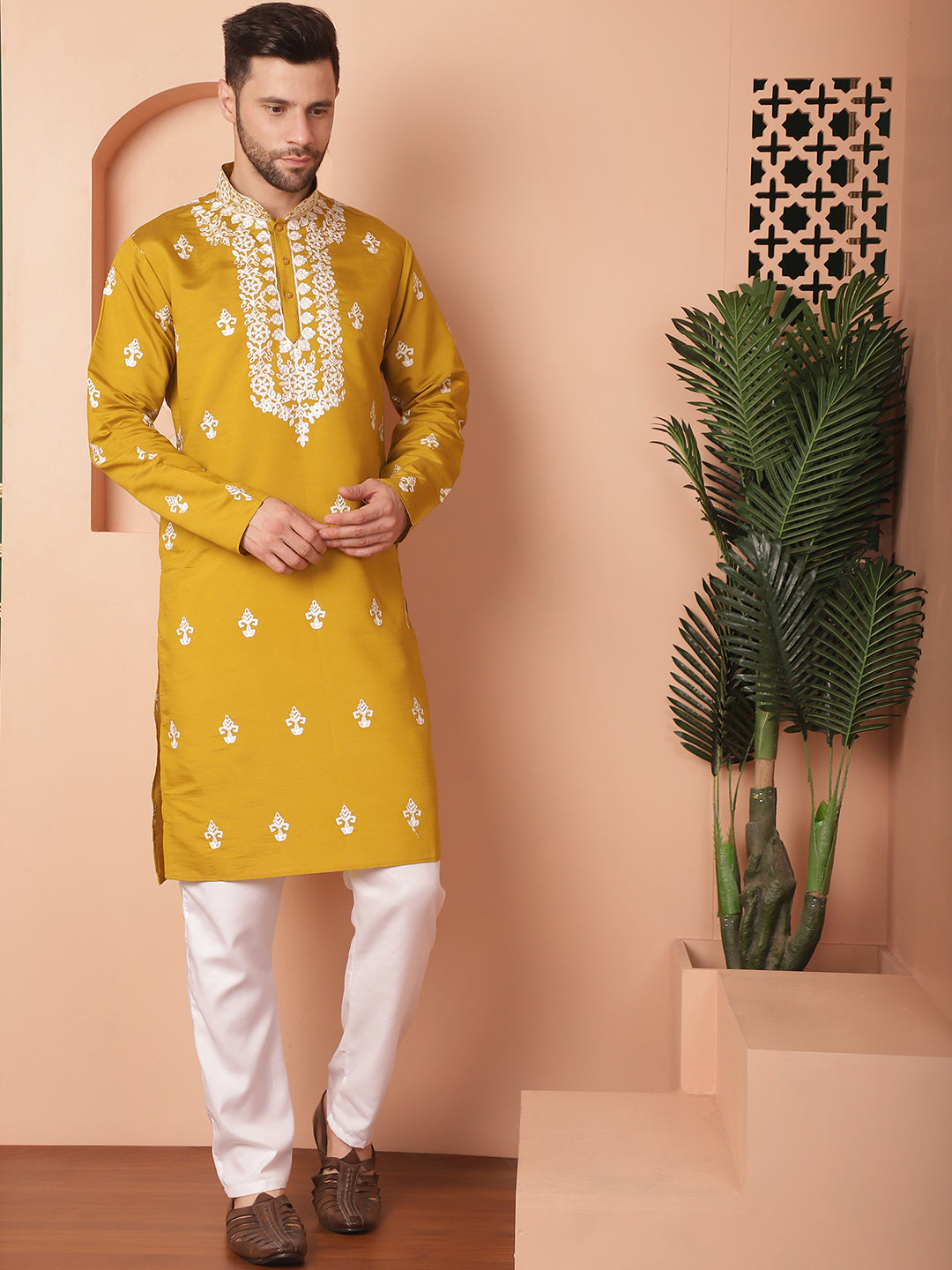 Men's Mustard Chikankari Embroidered Kurta With Pyjama - Taantav