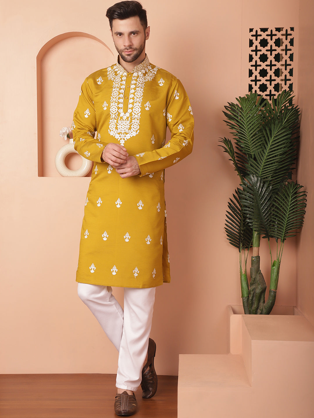 Men's Mustard Chikankari Embroidered Kurta With Pyjama - Taantav