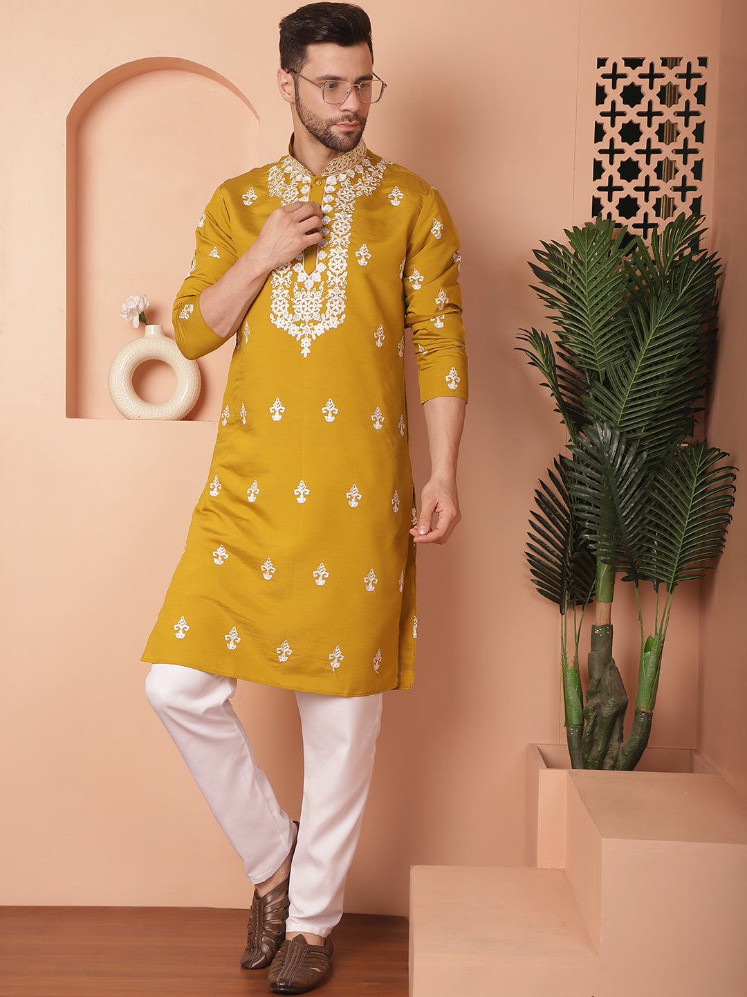 Men's Mustard Chikankari Embroidered Kurta With Pyjama - Taantav