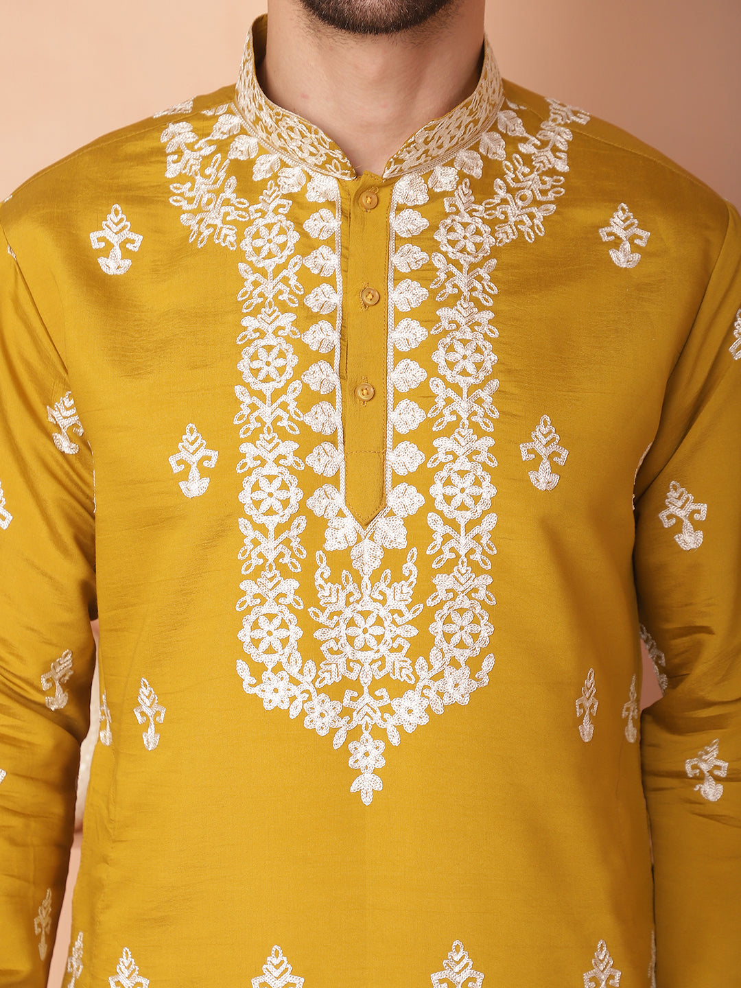 Men's Mustard Chikankari Embroidered Kurta With Pyjama - Taantav