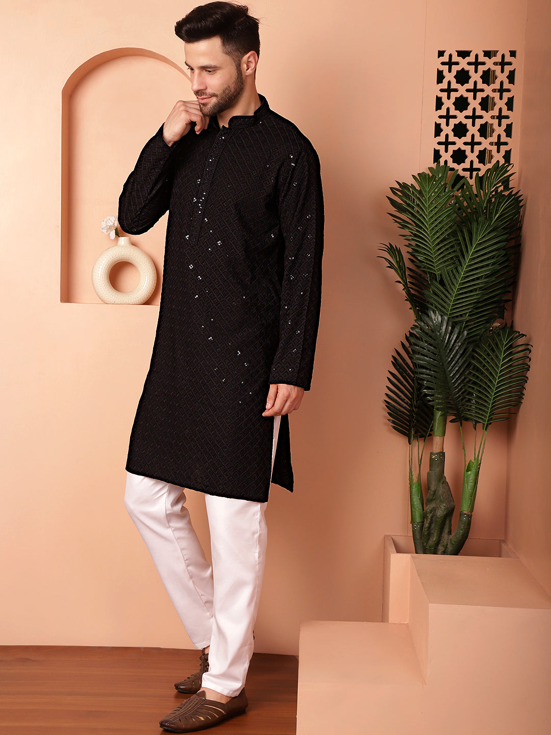 Men's Black Embroidered and Sequence Kurta with Pyjama - Taantav