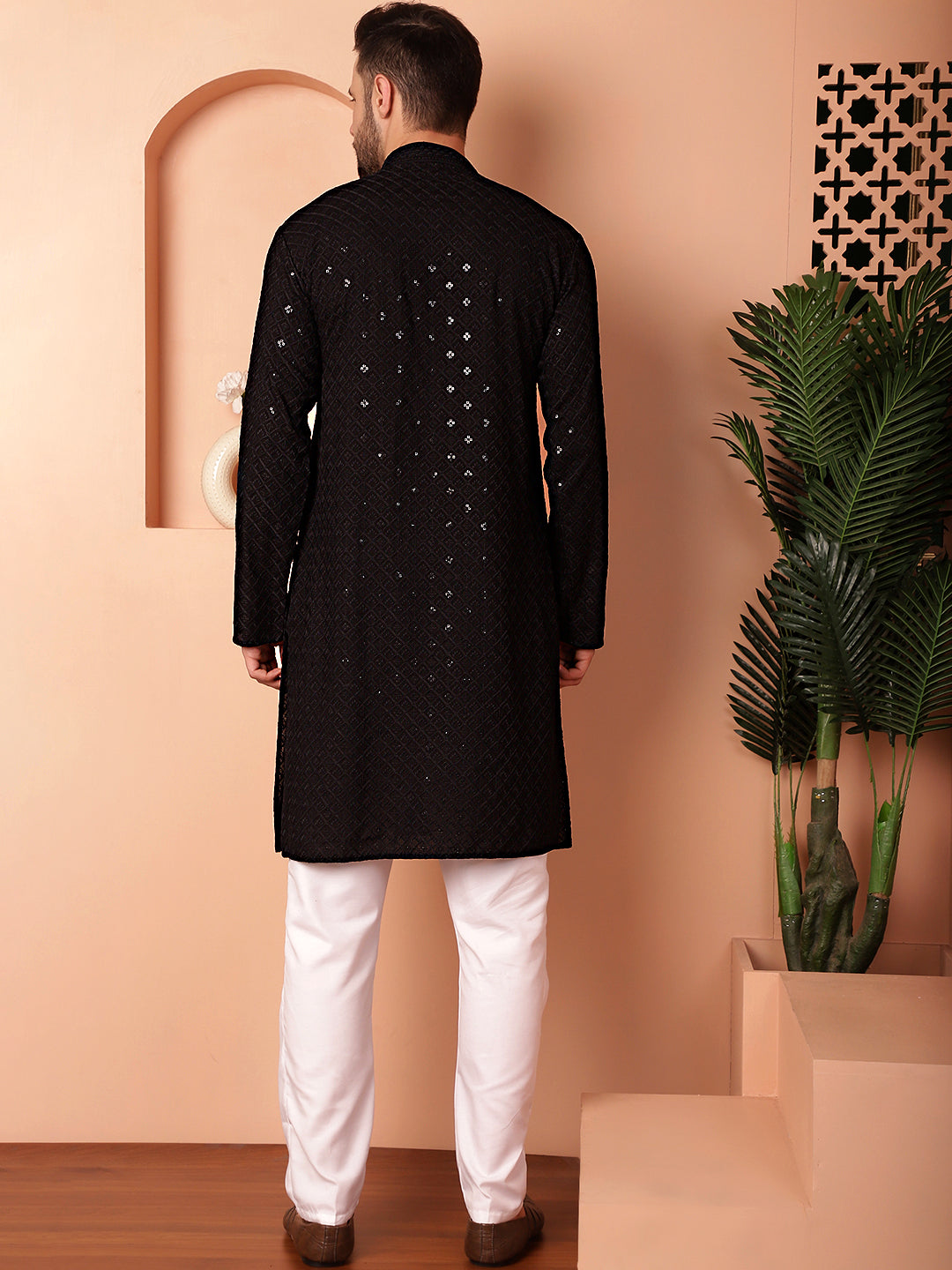 Men's Black Embroidered and Sequence Kurta with Pyjama - Taantav