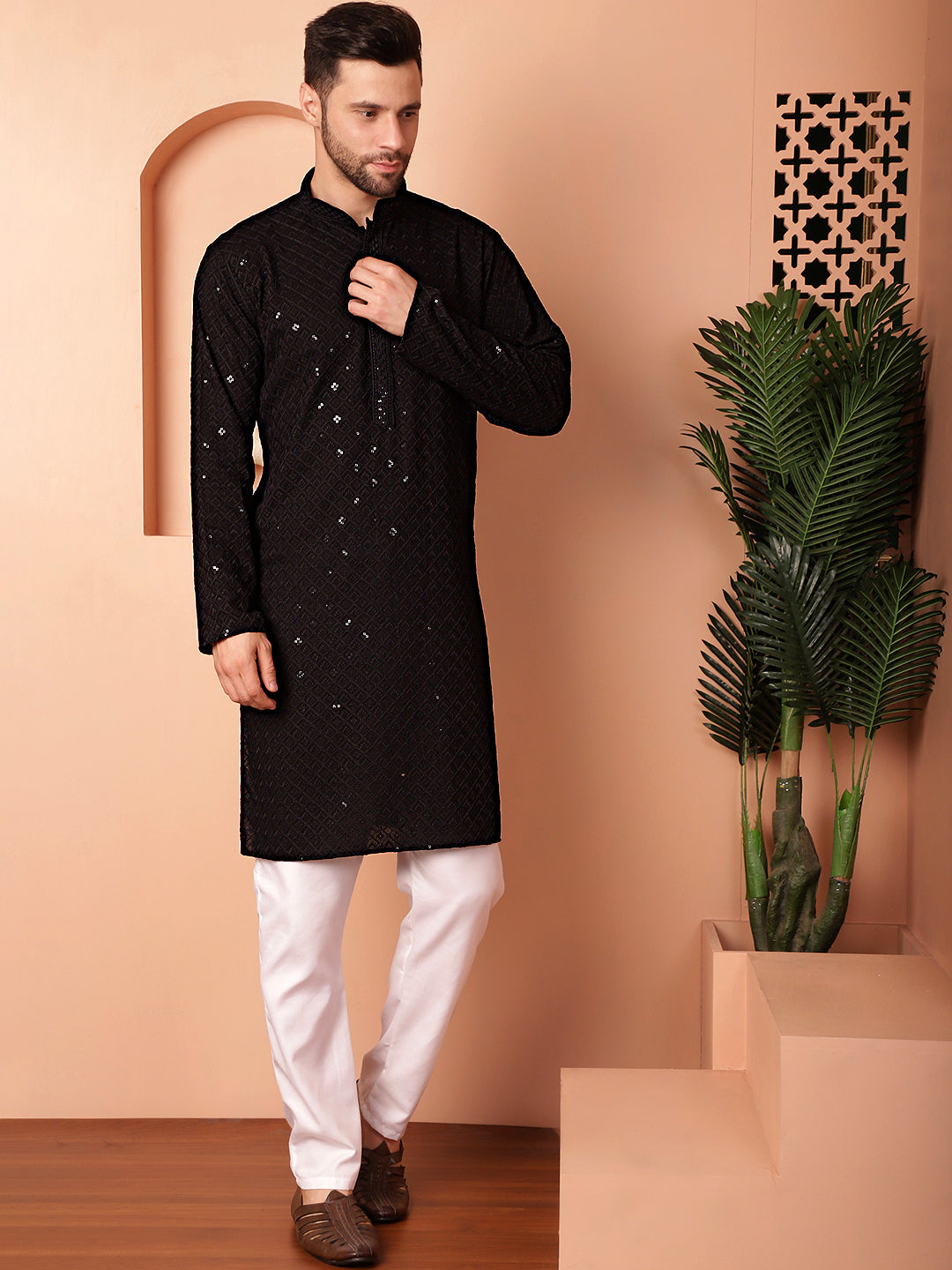 Men's Black Embroidered and Sequence Kurta with Pyjama - Taantav