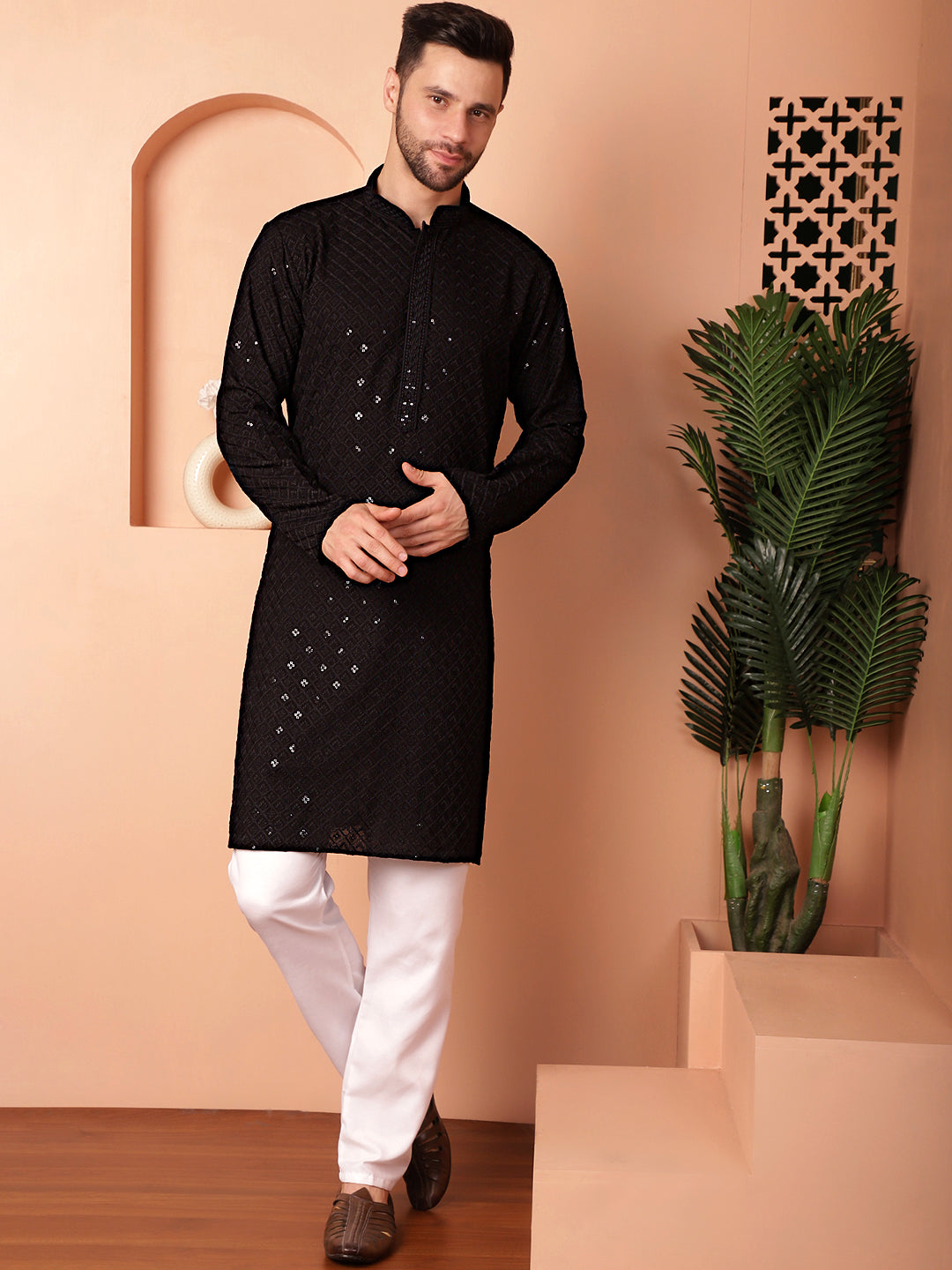 Men's Black Embroidered and Sequence Kurta with Pyjama - Taantav