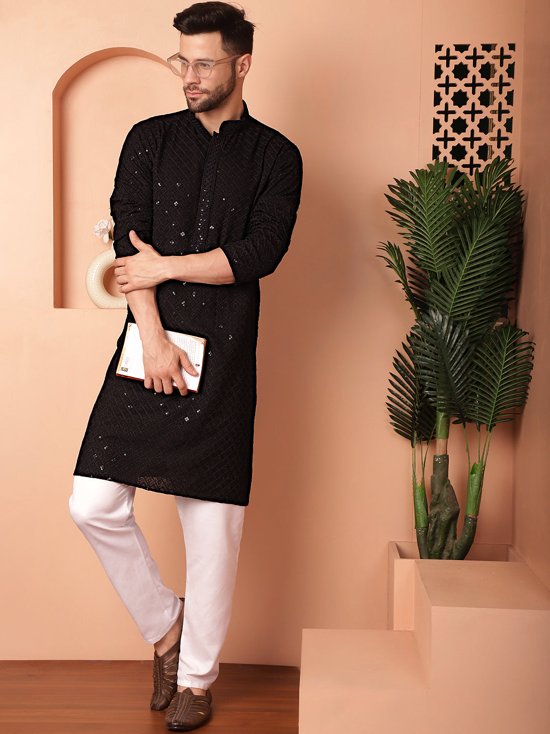 Men's Black Embroidered and Sequence Kurta with Pyjama - Taantav