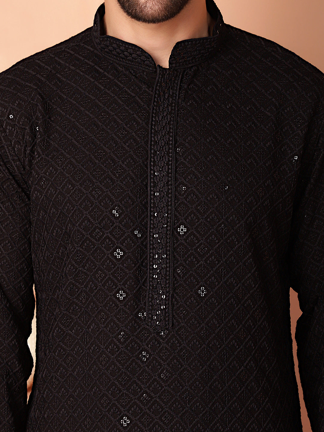 Men's Black Embroidered and Sequence Kurta with Pyjama - Taantav