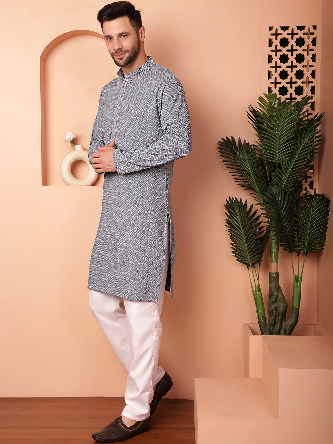 Men's Grey Embroidered and Sequence Kurta with Pyjama - Taantav