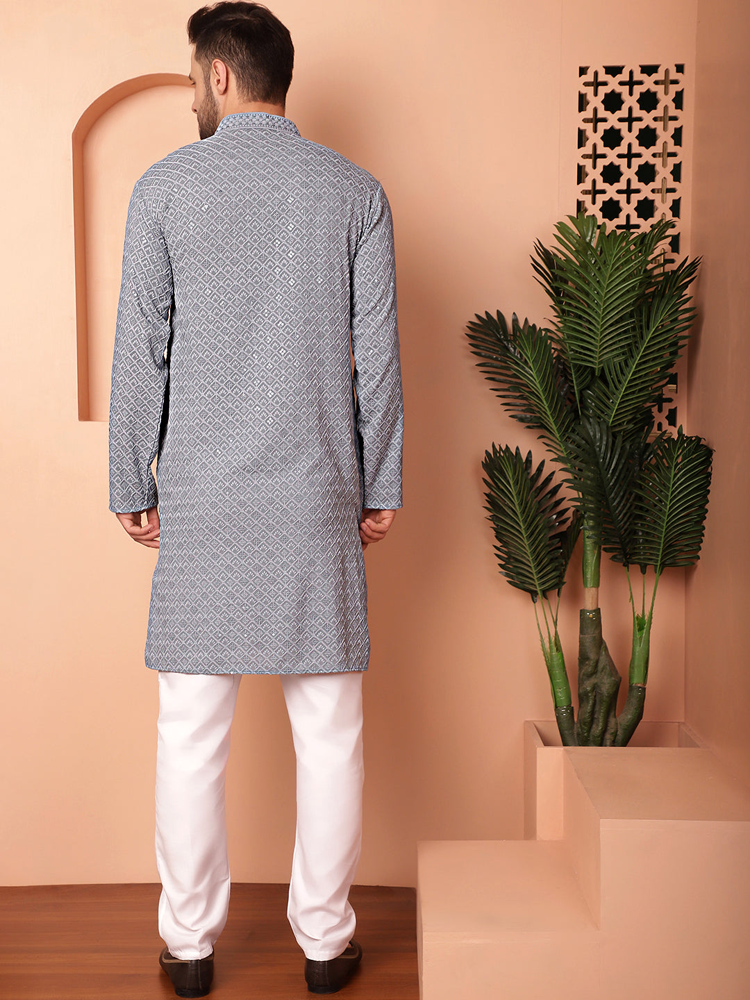 Men's Grey Embroidered and Sequence Kurta with Pyjama - Taantav