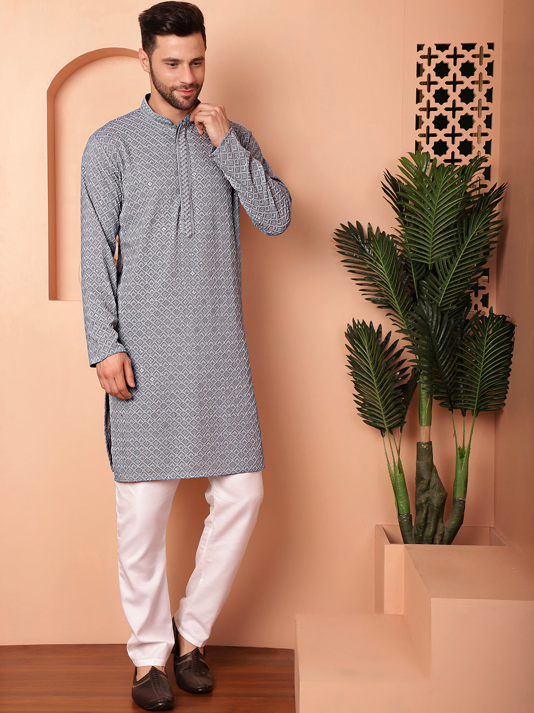 Men's Grey Embroidered and Sequence Kurta with Pyjama - Taantav