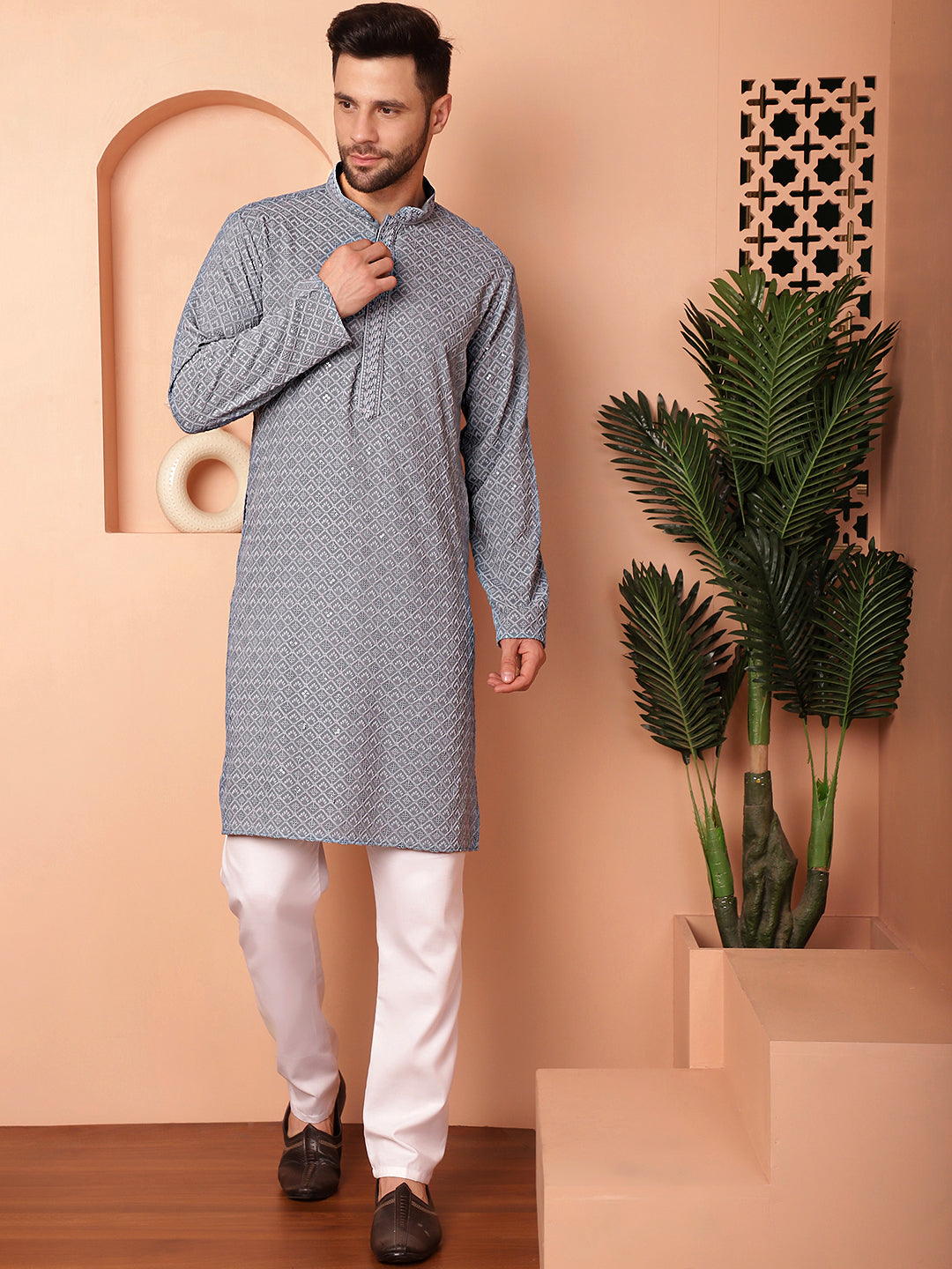 Men's Grey Embroidered and Sequence Kurta with Pyjama - Taantav