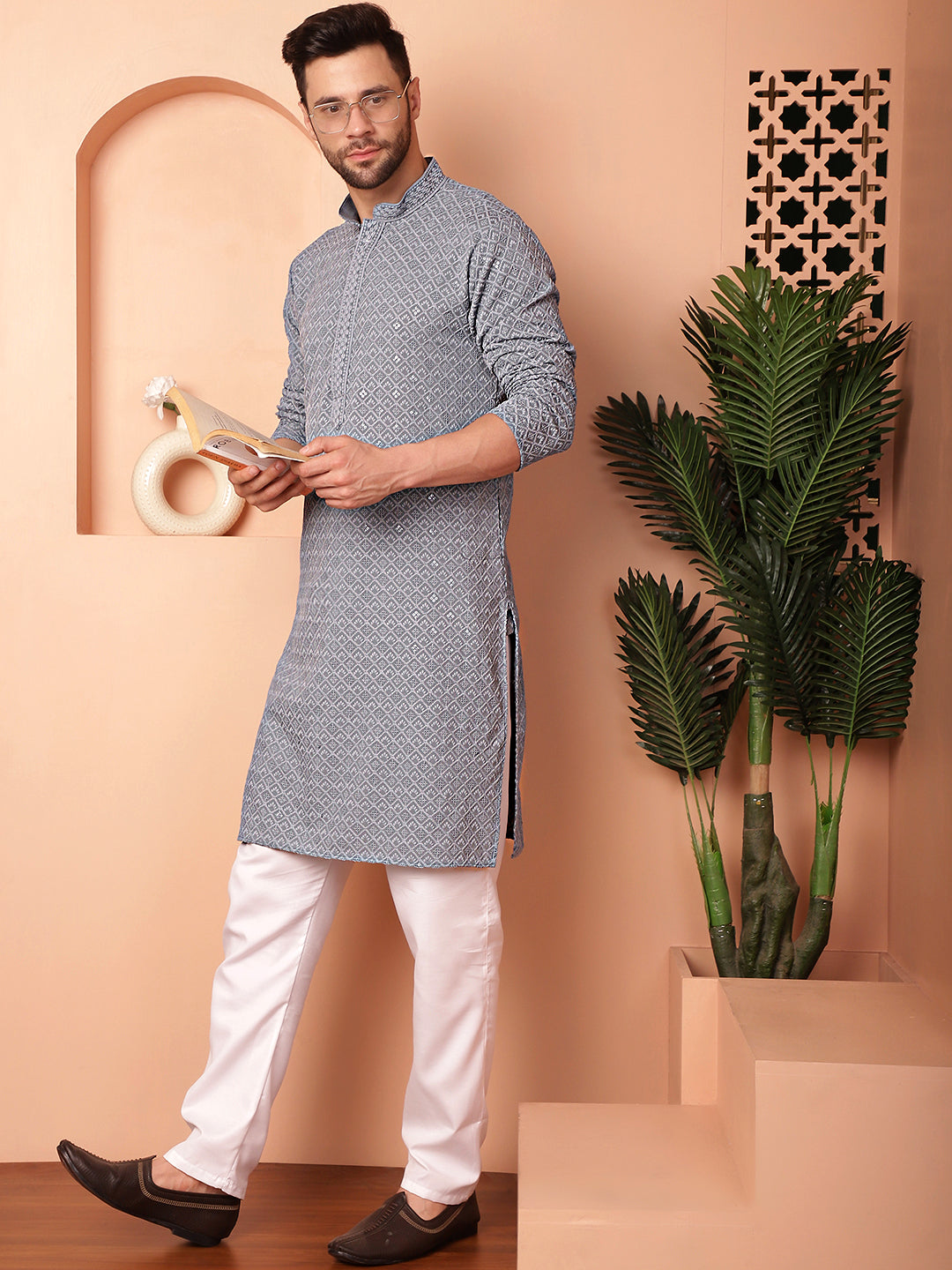 Men's Grey Embroidered and Sequence Kurta with Pyjama - Taantav