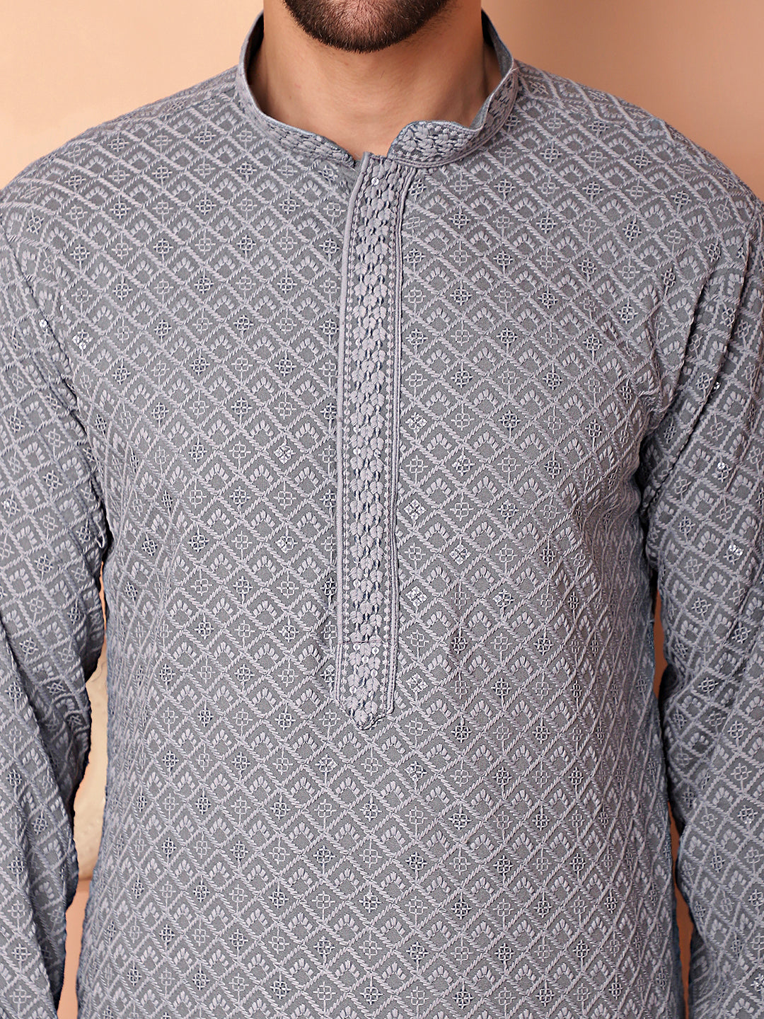 Men's Grey Embroidered and Sequence Kurta with Pyjama - Taantav