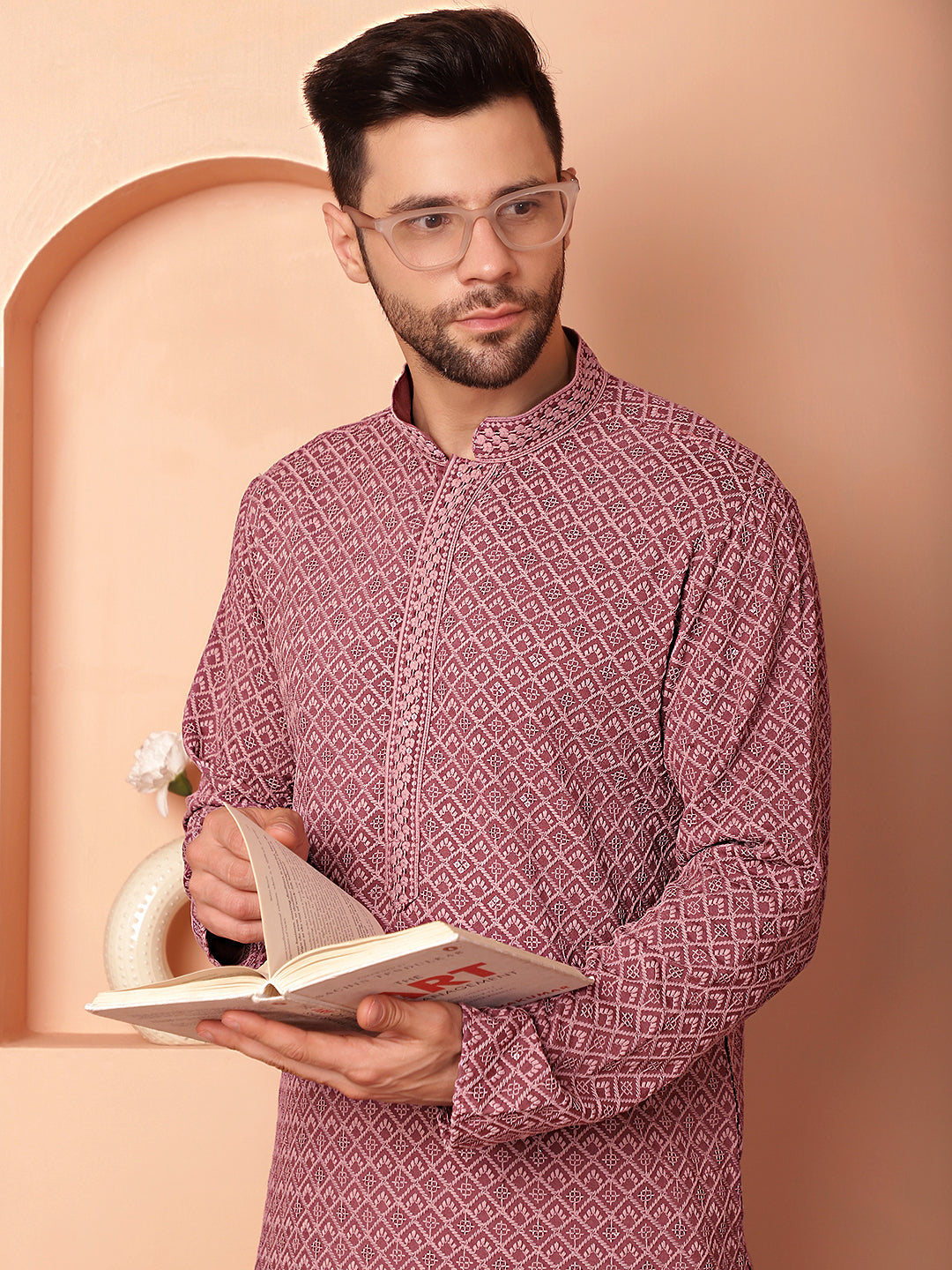 Men's Magenta Embroidered and Sequence Kurta with Pyjama - Taantav