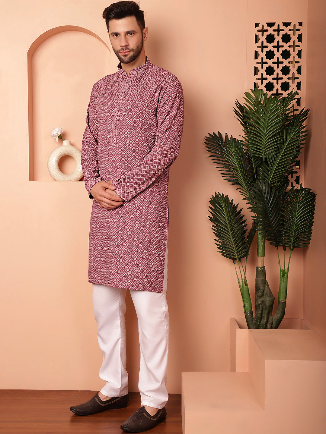 Men's Magenta Embroidered and Sequence Kurta with Pyjama - Taantav