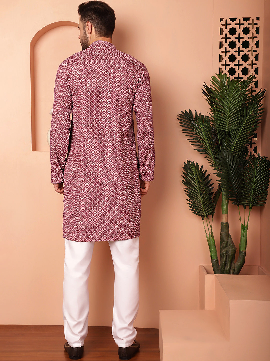 Men's Magenta Embroidered and Sequence Kurta with Pyjama - Taantav