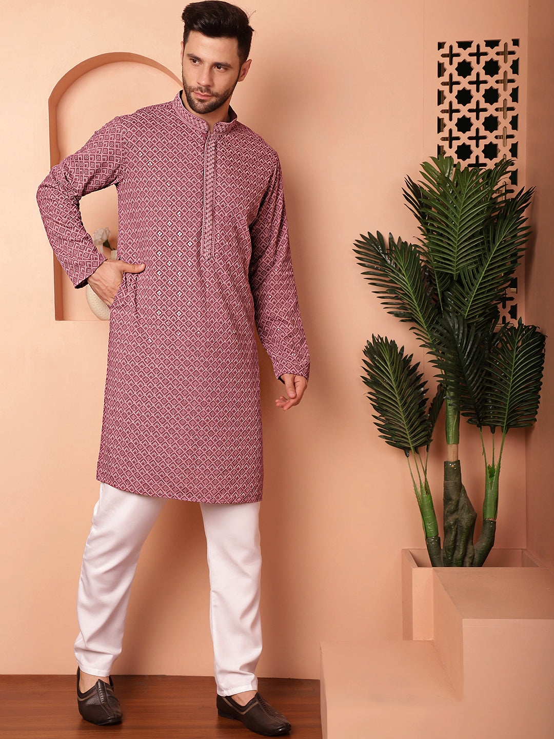 Men's Magenta Embroidered and Sequence Kurta with Pyjama - Taantav