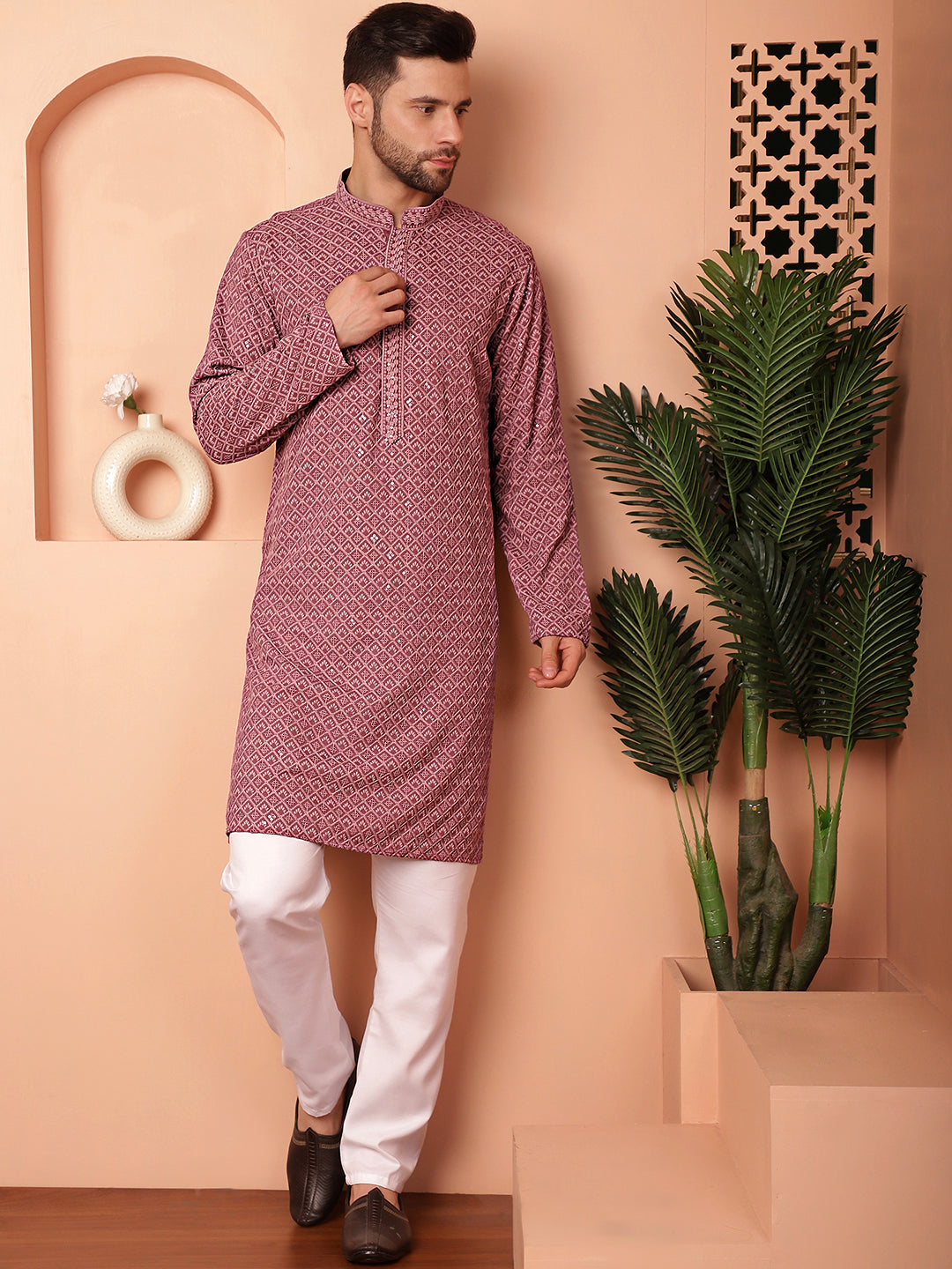 Men's Magenta Embroidered and Sequence Kurta with Pyjama - Taantav