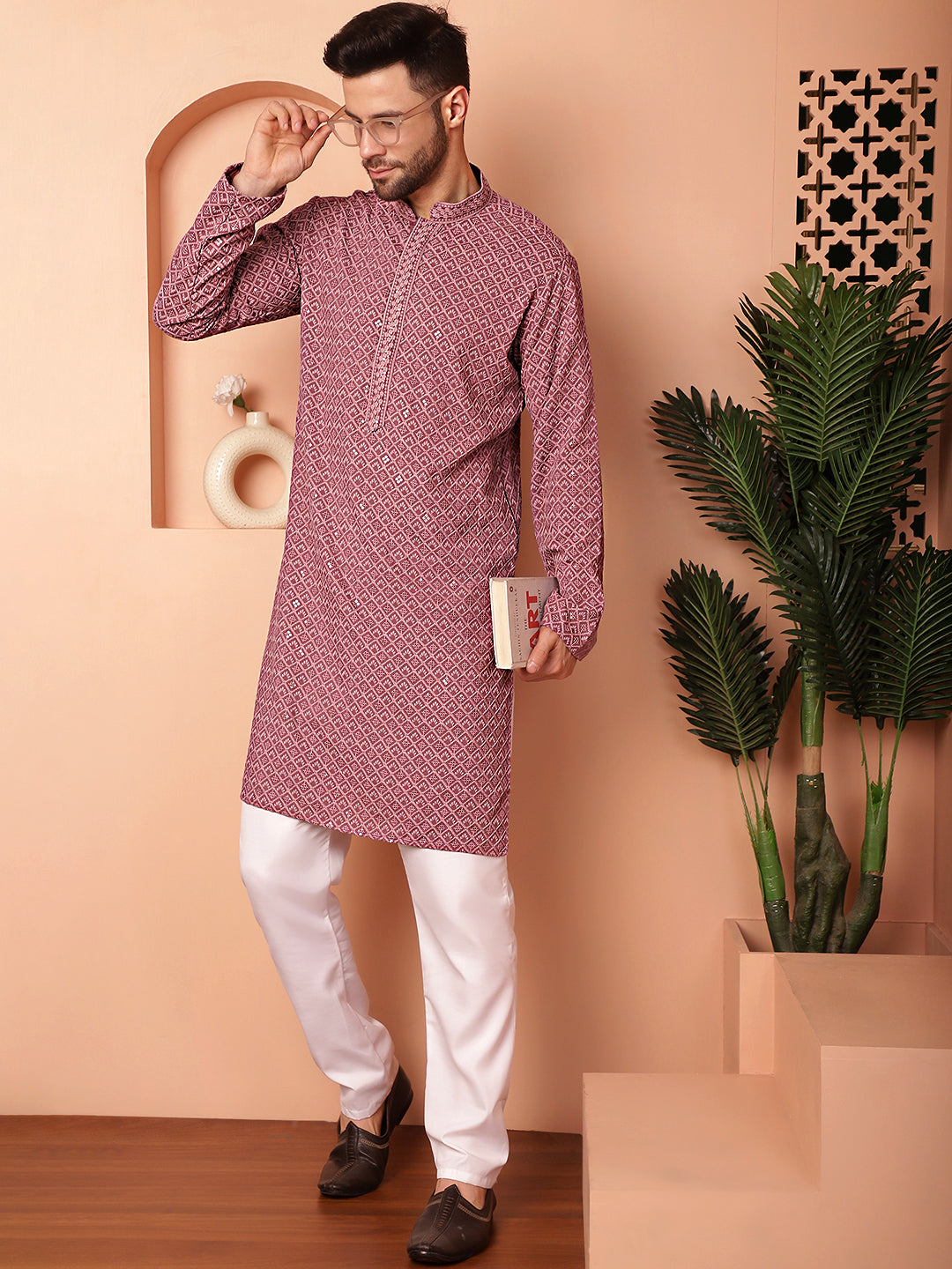 Men's Magenta Embroidered and Sequence Kurta with Pyjama - Taantav