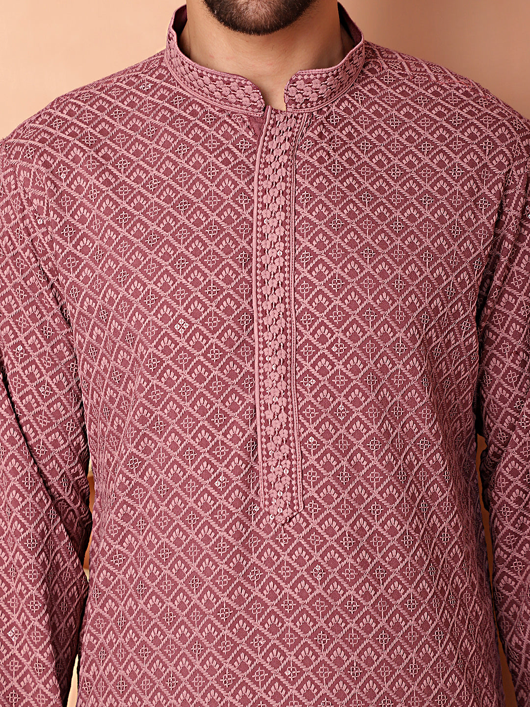 Men's Magenta Embroidered and Sequence Kurta with Pyjama - Taantav