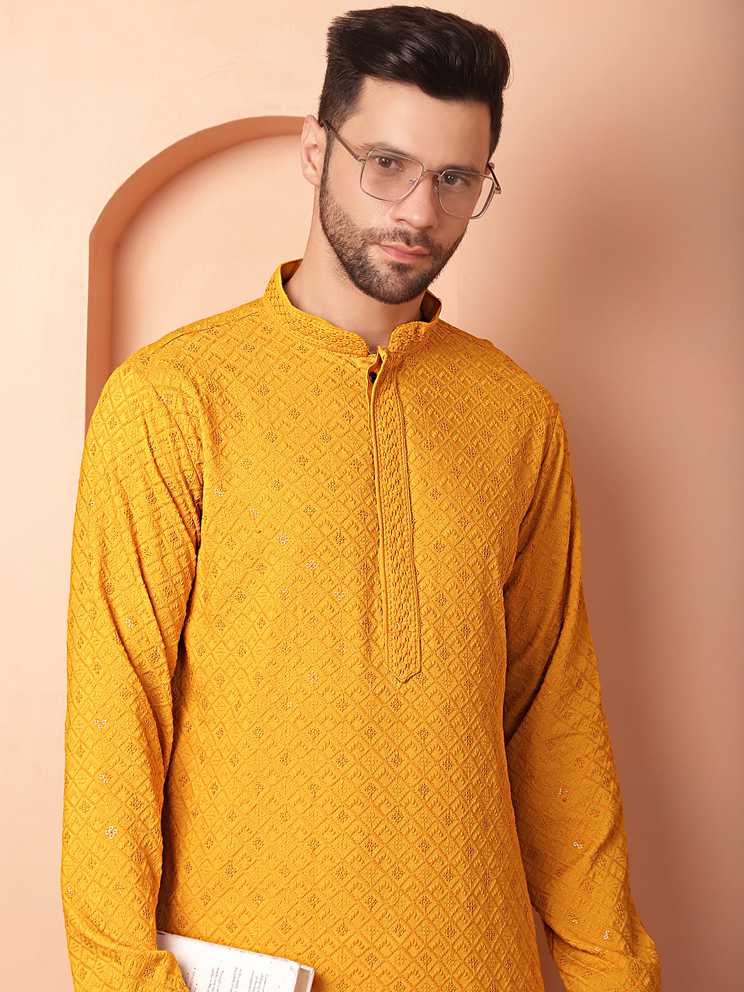 Men's Mustard Embroidered and Sequence Kurta with Pyjama - Taantav