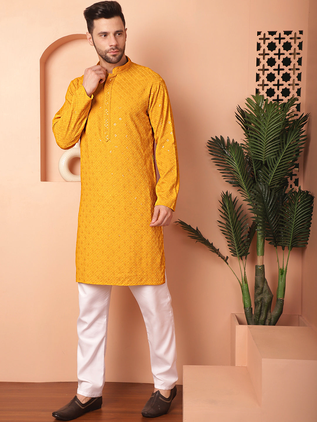 Men's Mustard Embroidered and Sequence Kurta with Pyjama - Taantav