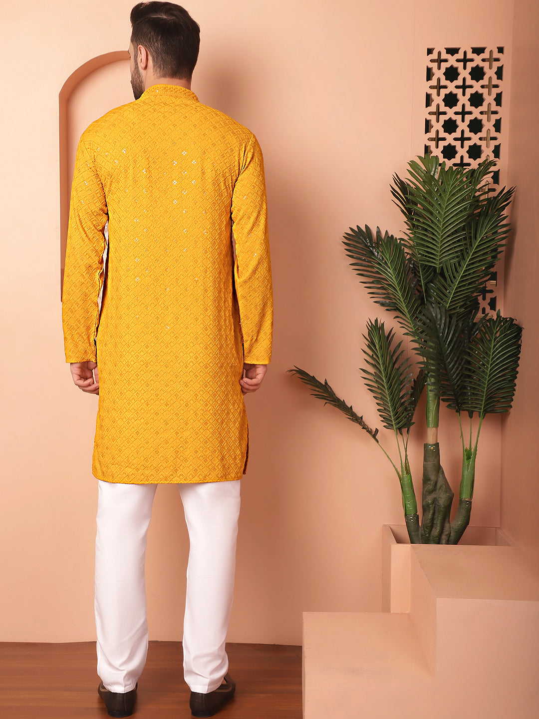 Men's Mustard Embroidered and Sequence Kurta with Pyjama - Taantav